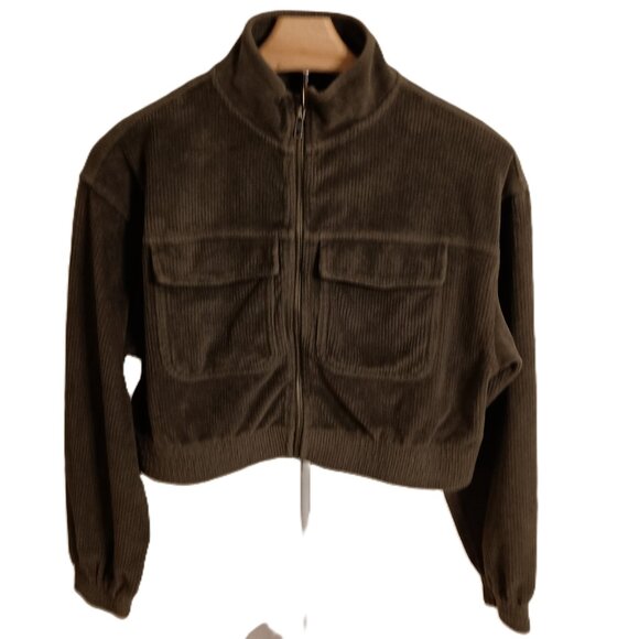 Aerie Olive Green Corduroy Crop Bomber Jacket Women’s Size XS EUC - Picture 2 of 14